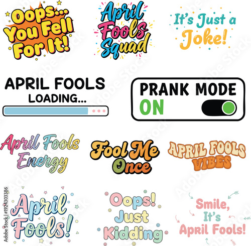 Web April Fools Day Vector Bundle: Gotcha Typography, Prank Badges, and Broken Zipper Set