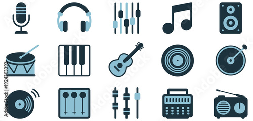 Music instrument icons vector set, featuring microphones, guitars, pianos, and speakers, ideal for music apps, studio branding, event graphics, and professional digital or print design projects.