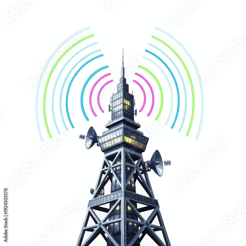 Modern communication tower with satellite dishes emitting colorful signal waves