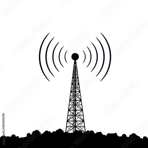 Radio broadcasting tower emitting signals over silhouette landscape