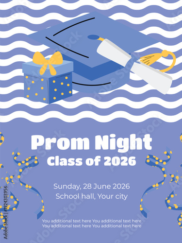 Prom night invitation template Class of 2026 with confetti graduation cap diploma and gift box festive design