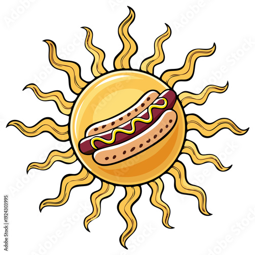Cartoon depiction of hotdog in a bun with mustard inside a sunburst symbol for summer fun