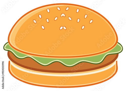 A simple cartoon hamburger illustration with a sesame seed bun and meat patty