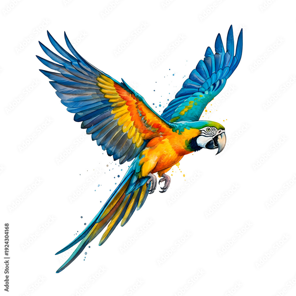 Fototapeta premium Vibrant parrot soaring mid-air with colorful wings, dynamic artistic illustration.