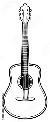 Acoustic Guitar Illustration in Black and White Outline