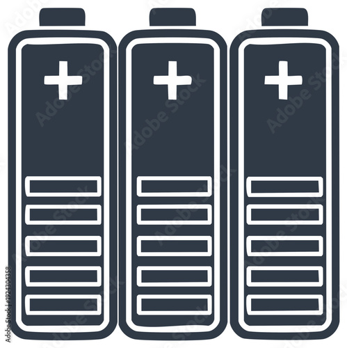 Three batteries displaying full energy levels ready for power supply for electronics