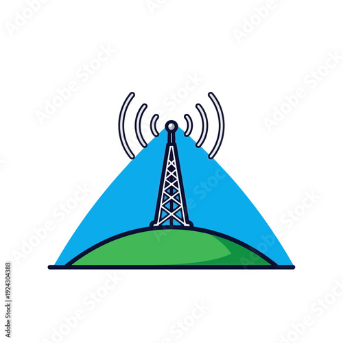 Telecommunication tower transmitting signals on green hill