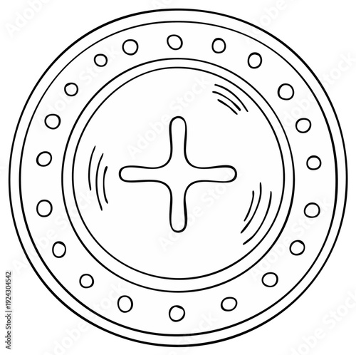 Hand drawn illustration of a round metal screw head with a cross shaped slot