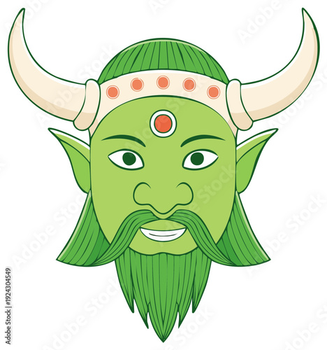 Animated horned mythical character head with a beard and an ornament for design and decoration, isolated
