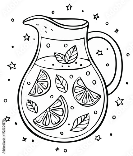Lemonade in a pitcher with orange slices and mint, doodle illustration.