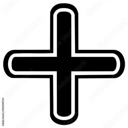 Rounded Black Cross with White Outline Medical Symbol Addition Sign