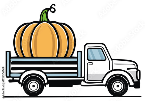 Cartoon Truck with Large Pumpkin in the Bed, Illustration for Autumn Harvest
