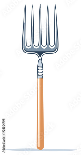 Illustration of a garden fork with tines and wooden handle.