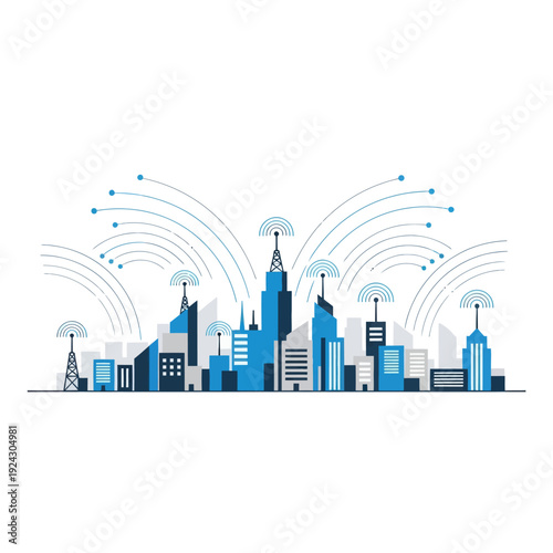 Modern cityscape with wireless connectivity towers and sleek skyscrapers
