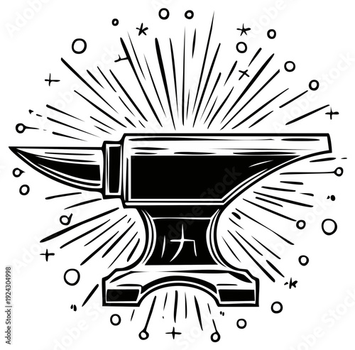 Blacksmith's Anvil with Radiating Energy Lines Creates Dynamic Vintage Style Illustration