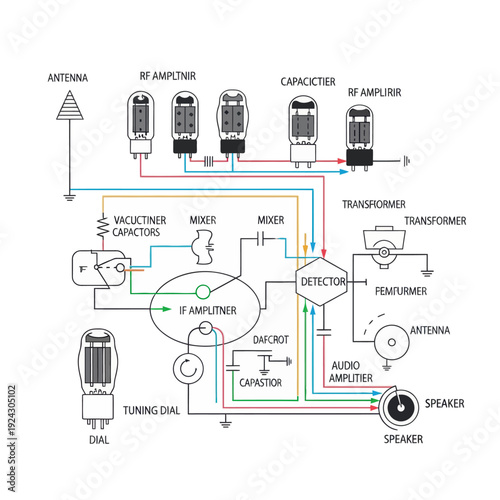 Detailed schematic diagram of vintage radio circuitry components