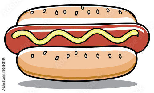 Cartoon-style illustration of a hotdog with mustard and sesame seed bun.