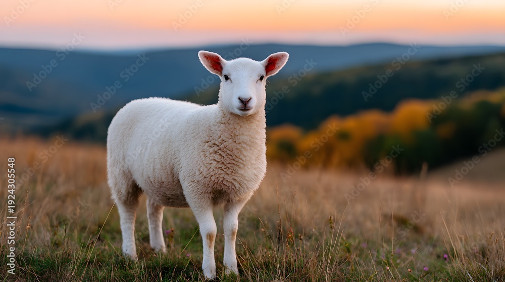 Obraz premium Lamb with detailed wool fibers stands in a grassy field at sunset