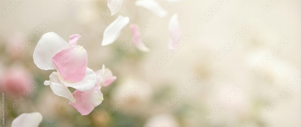 Fototapeta premium Pink rose petals floating and falling gently in the air. Romantic floral concept for spring themes, valentines day and international womens day celebrations.