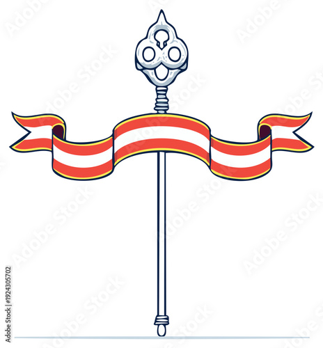 Heraldic Banner with Ornate Finial and Red and White Stripes