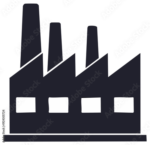Minimalist dark factory building silhouette with smokestacks and windows, industrial design