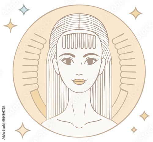 Stylized illustration of a woman with long straight hair and comb bangs for a hair salon