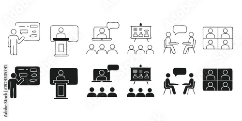 Presentation and Meeting Illustrating Online and In Person Communication Scenarios des