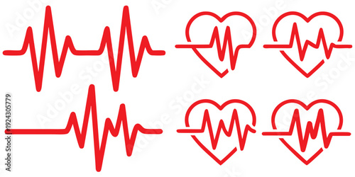 Red electrocardiogram heartbeat line graph and heart shapes on a white background desi