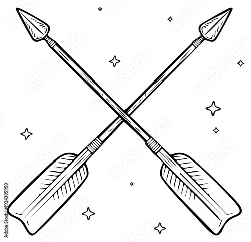 Two crossed arrows in vintage hand drawn style with sparkles