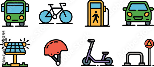 Ecological mobility and renewable energy icons with electric vehicles solar power station and cycling symbols.