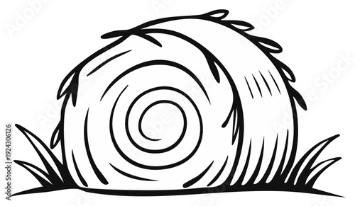 Black and white illustration of a round hay bale in field with grass, farm life, simple design
