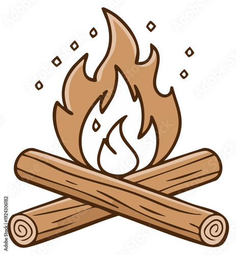 Hand-drawn illustration of a cozy campfire with crackling flames and wooden logs