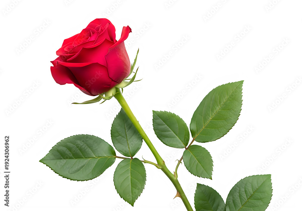 Fototapeta premium Elegant red rose with delicate green leaves set against a plain background