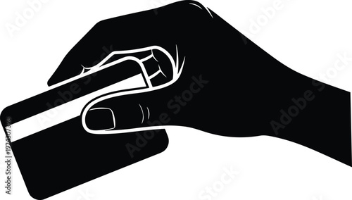 Hand holding credit card illustration, online payment transaction concept, digital banking finance, secure electronic commerce, black and white vector design