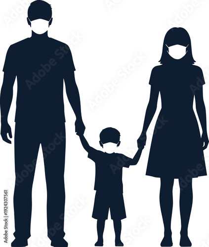 Family silhouette wearing protective face masks, parents and child holding hands, health safety concept, pandemic prevention, minimalist vector illustration design