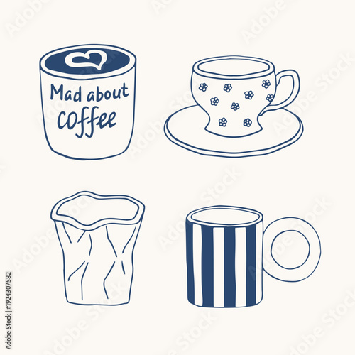 Trendy shapes of coffee mugs and cups. Hand drawn doodle coffee and tea drinks