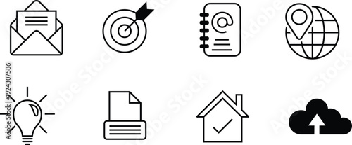 Collection of business and technology icons in black and white