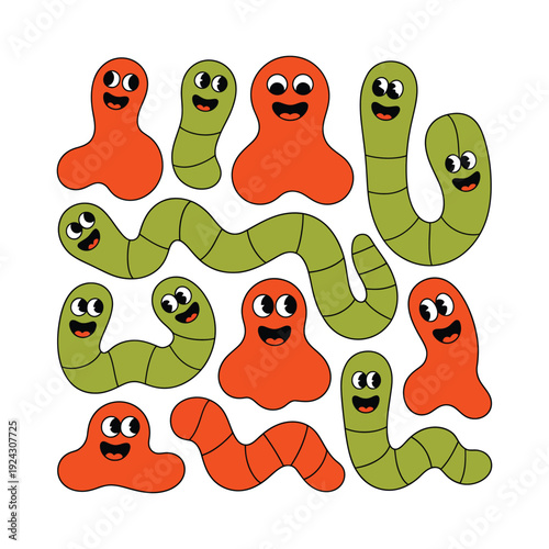 A collection of cartoonish, anthropomorphic worms and amoebas are depicted in various poses.