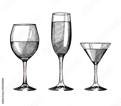 Hand drawn wine, champagne and martini glasses, vector illustration