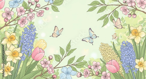 Colorful spring flowers with butterflies on a light green background blooming floral border with various blossoms