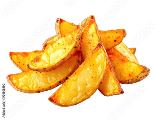 Golden baked potato wedges seasoned with spices piled high