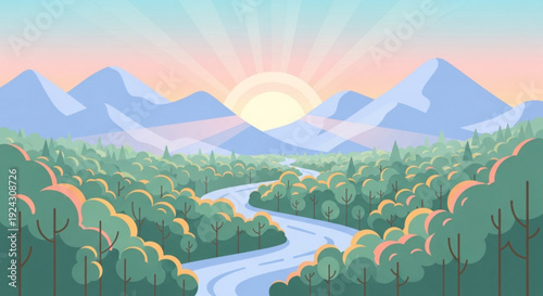 Serene mountain landscape with winding river trees and sunrise