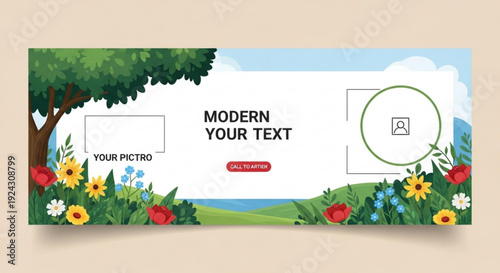 Modern text template with colorful flowers and tree on green landscape background for design