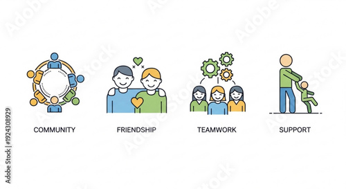 Community friendship teamwork and support concept with people icons and symbols