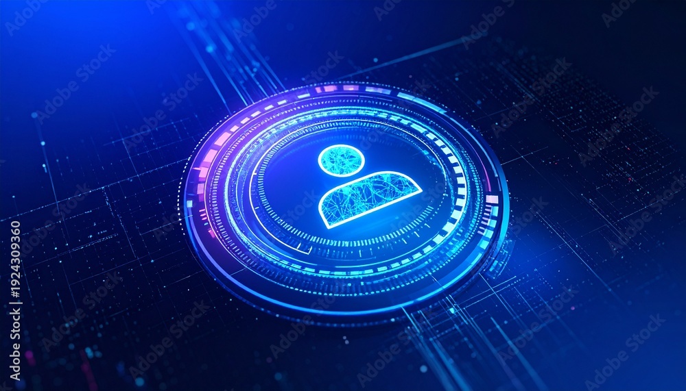 Obraz premium A futuristic illustration of a person icon inside a glowing digital circle, representing data, access, and security. The image is on a dark blue background