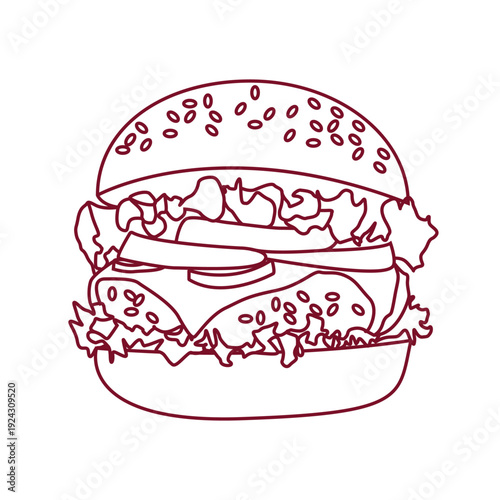 Vector line drawing of a burger icon with seeds, cheese, and fresh vegetables isolated on white.