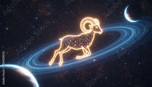 Ram zodiac sign in space with planets and stars. 3D rendering