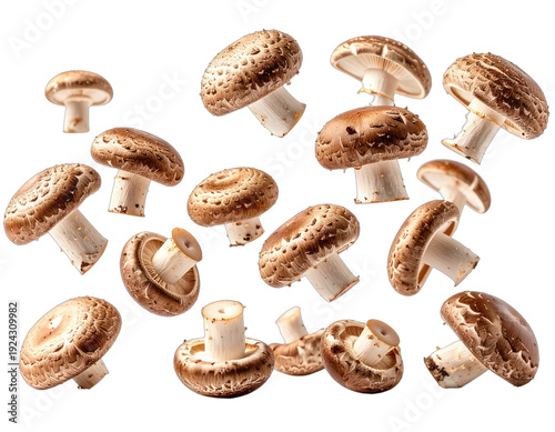 A collection of fresh, brown mushrooms scattered across a dark background