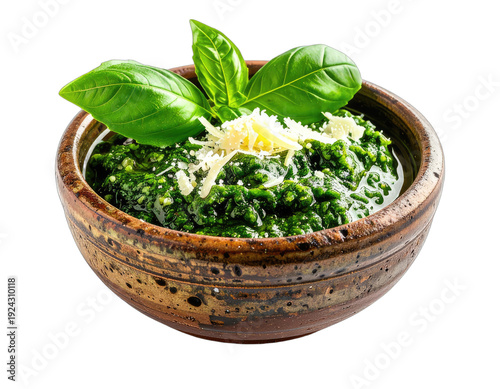 A rustic bowl overflows with vibrant green herb paste, garnished with fresh basil