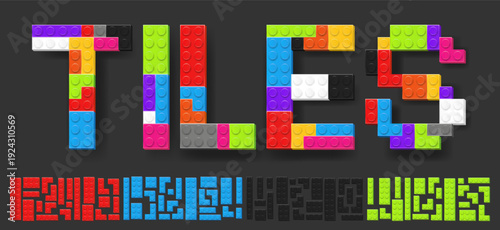 Realistic colored plastik constructor parts isolated on dark grey background. Play and build concept. Vector illustration